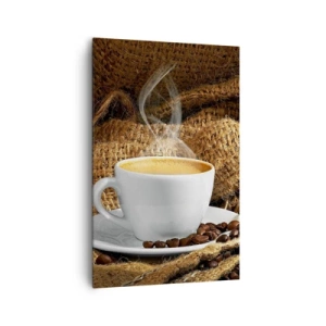 Cuadro sobre lienzo - Impresión de Imagen - Una taza de café rodeada de una bolsa de granos de café. - 80x120cm - Olor a moca y densidad del líquido meloso - Decoración de pared moderna para salón y dormitorio ARTTOR