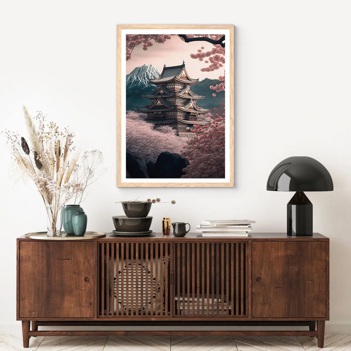 Póster en marco roble claro - Tierra de cerezos en flor - 70x100 cm