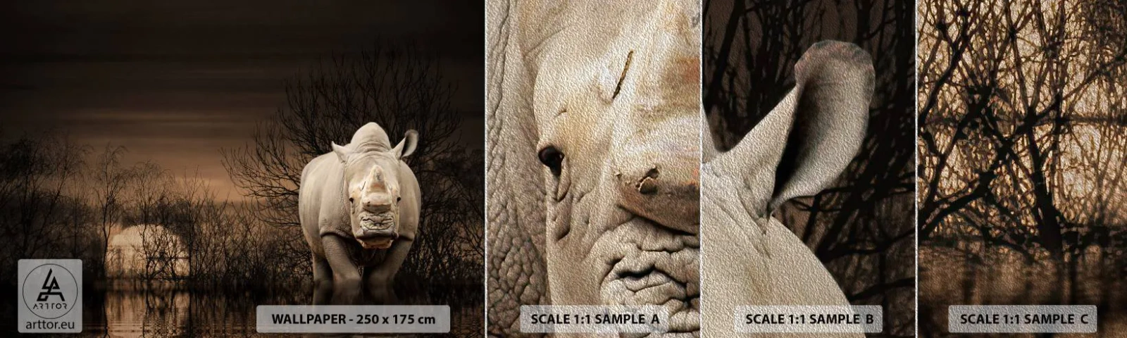 Muestra de fotomural Premium Sand - El blanco contra la naturaleza - Rinoceronte, animales, África - 100x30 cm