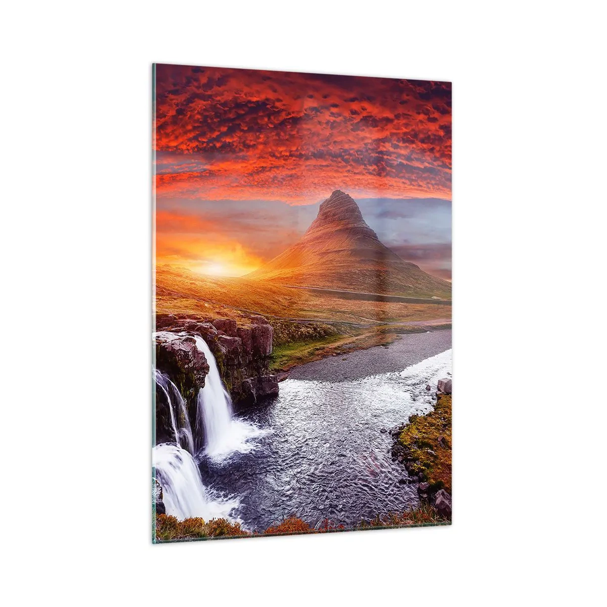 Cuadro sobre vidrio - Impresiones sobre Vidrio - Paisaje de montaña con cascada y puesta de sol - 50x70cm - Una vista de la Tierra Media - Decoración de pared moderna para salón y dormitorio ARTTOR