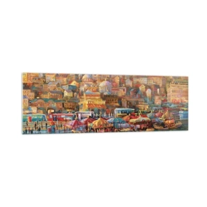 Cuadro sobre vidrio - Impresiones sobre Vidrio - Panorama pintoresco de Estambul con vistas a la bahía y a la ciudad. - 160x50cm - Una historia en Estambul - Decoración de pared moderna para salón y dormitorio ARTTOR
