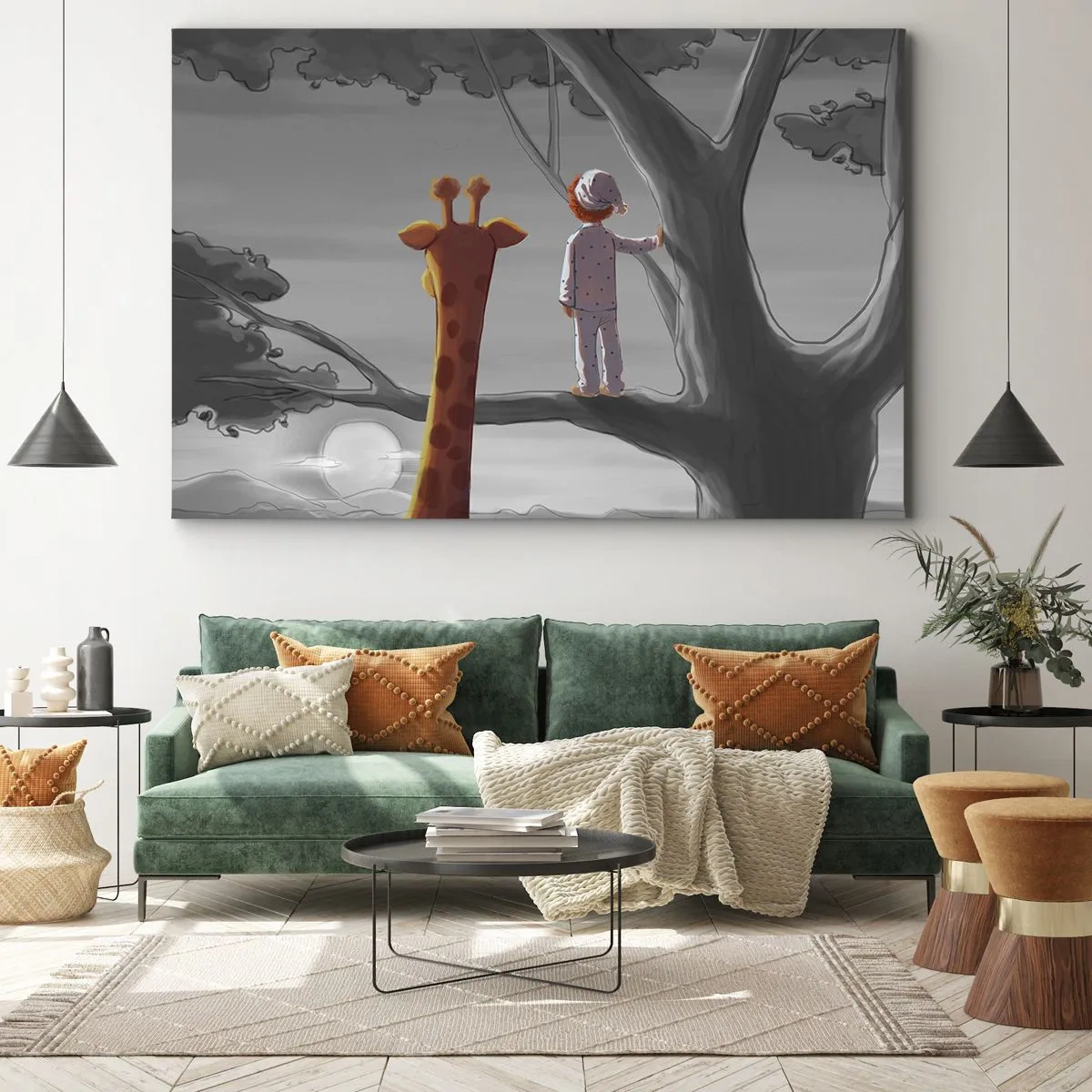 Cuadro sobre lienzo - Impresión de Imagen - Un niño y una jirafa en la rama de un árbol en un paisaje de cuento de hadas. - 70x50cm - ¿Está sucediendo de verdad? - Decoración de pared moderna para salón y dormitorio ARTTOR