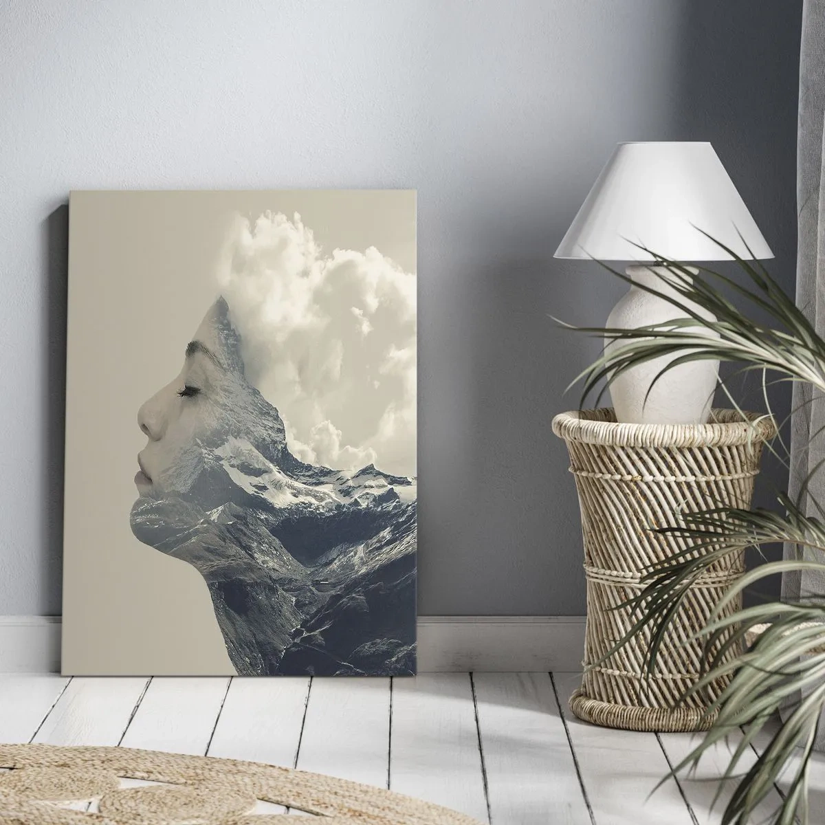 Cuadro sobre lienzo - Impresión de Imagen - Silueta de una mujer con un paisaje montañoso al fondo - 50x70cm - La belleza de los elementos - Decoración de pared moderna para salón y dormitorio ARTTOR