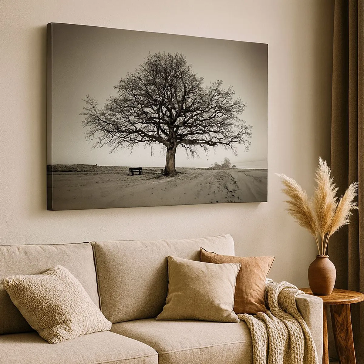 Cuadro sobre lienzo - Impresión de Imagen - Un árbol solitario en un campo sepia - 70x50cm - De aquí a la eternidad - Decoración de pared moderna para salón y dormitorio ARTTOR