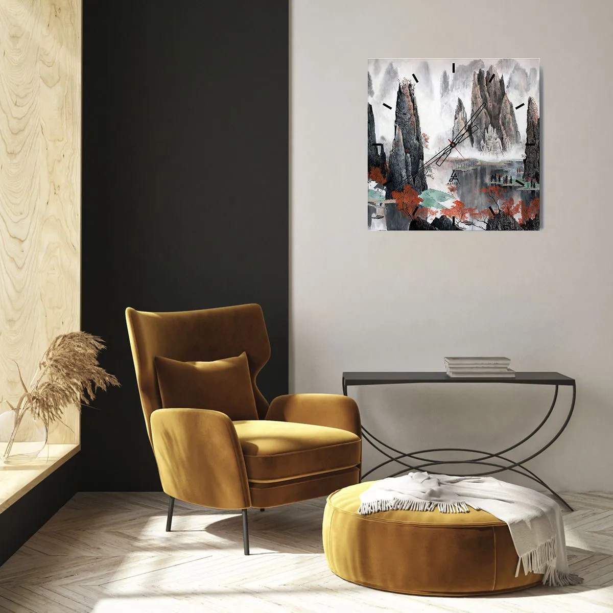 Reloj de pared - Reloj de vidrio - Rocas y árboles pintorescos en el brumoso paisaje chino - 30x30cm - Poderosos guardianes - Decoración de pared moderna para salón y dormitorio ARTTOR