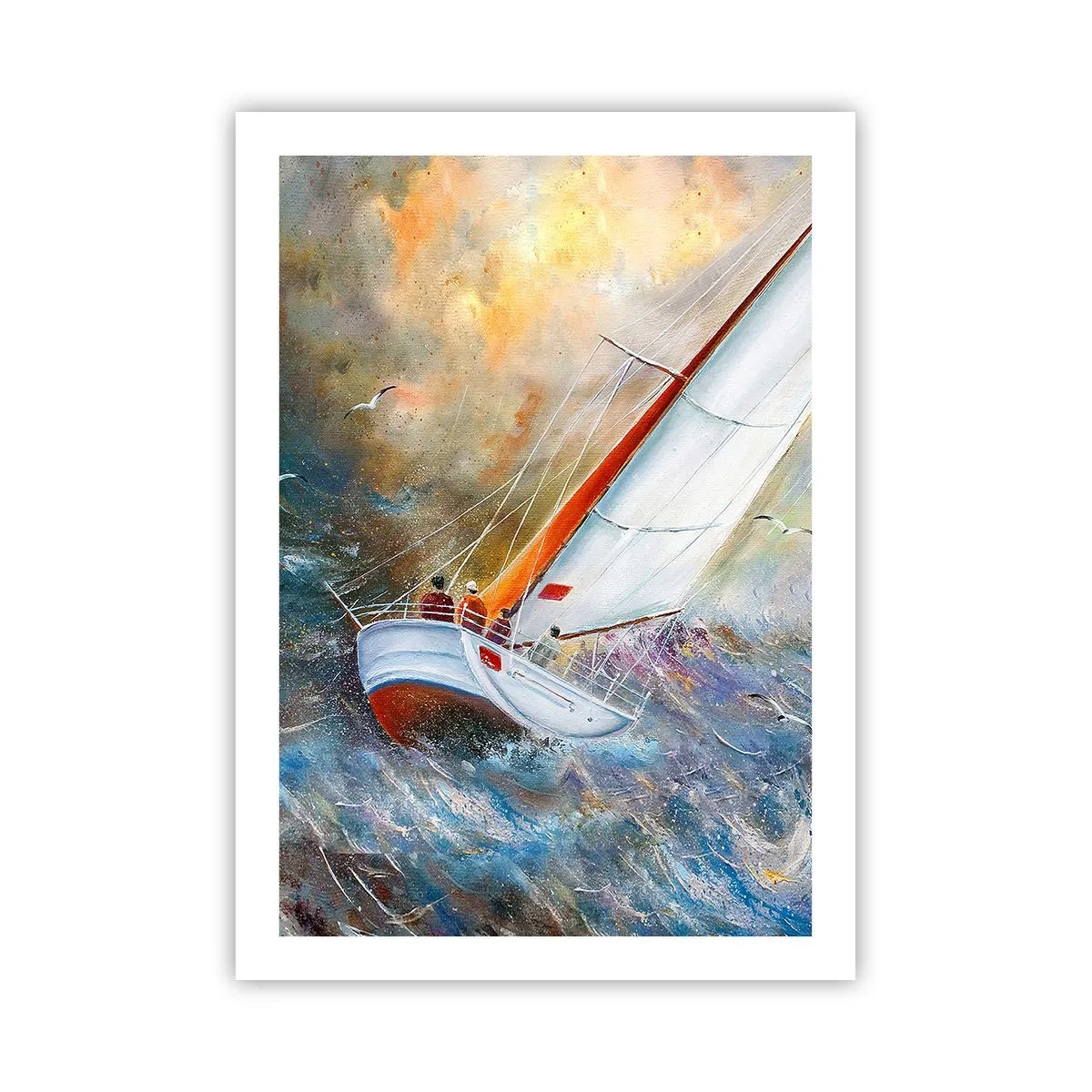 Póster - Un yate navegando en un mar tempestuoso en un paisaje pintoresco. - 50x70cm - Surcando las olas - Decoración de pared moderna para salón y dormitorio ARTTOR