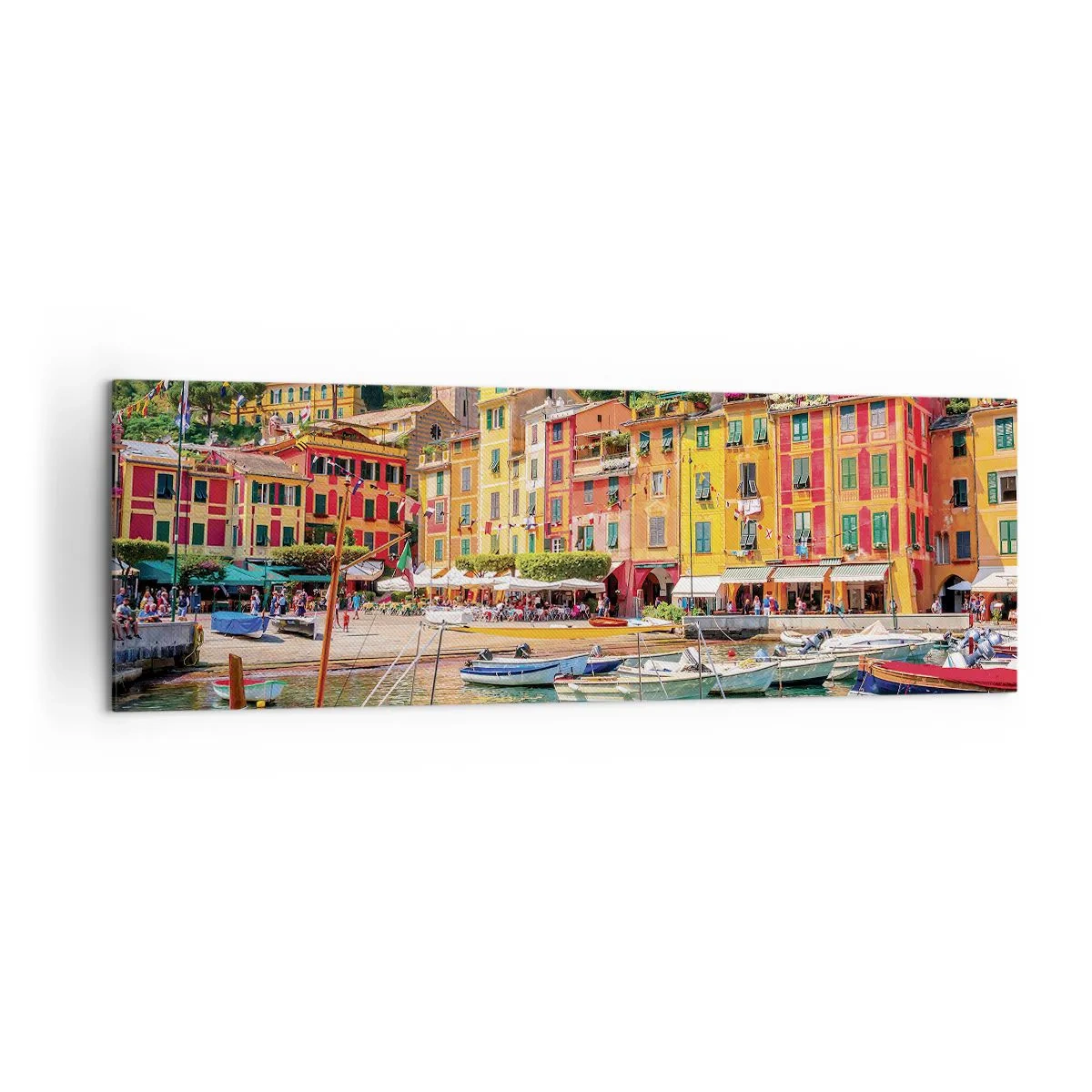 Cuadro sobre lienzo - Impresión de Imagen - Casas y barcos coloridos en una ciudad costera italiana - 160x50cm - Mañanas italianas - Decoración de pared moderna para salón y dormitorio ARTTOR