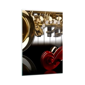 Cuadro sobre vidrio - Impresiones sobre Vidrio - Un saxofón dorado, teclas de piano y un violín rojo. - 70x100cm - Chapa, madera y marfil - Decoración de pared moderna para salón y dormitorio ARTTOR