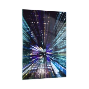 Cuadro sobre vidrio - Impresiones sobre Vidrio - Líneas de luz dinámicas con el telón de fondo de una ciudad nocturna. - 50x70cm - Cruzando el hiperespacio - Decoración de pared moderna para salón y dormitorio ARTTOR