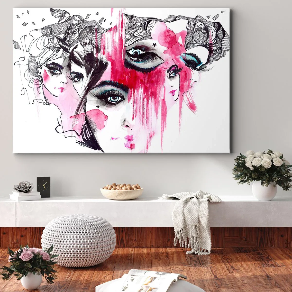 Cuadro sobre lienzo - Impresión de Imagen - Rostro abstracto en tonos rosa y negro. - 70x50cm - Ojos abstractos - Decoración de pared moderna para salón y dormitorio ARTTOR
