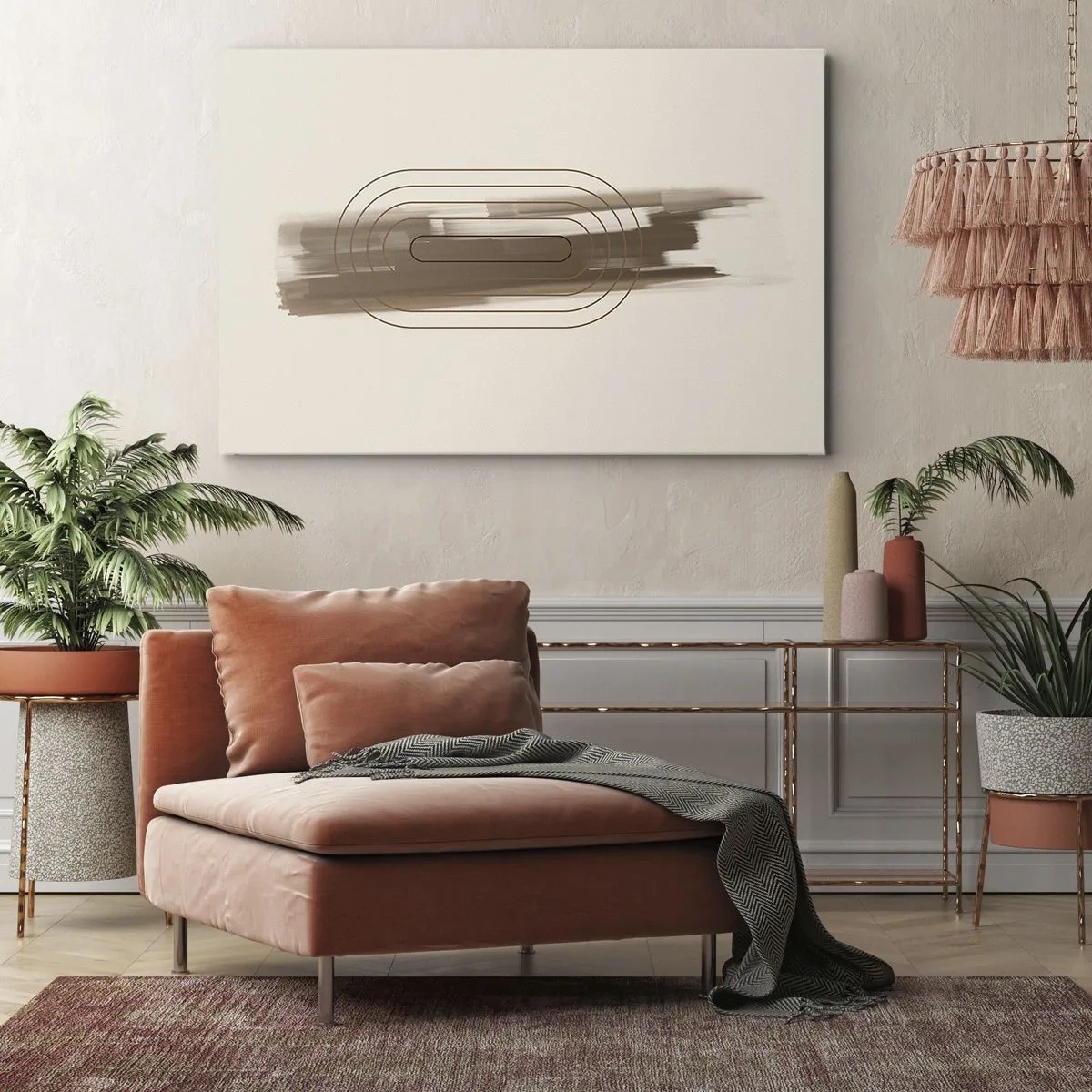 Cuadro sobre lienzo - Impresión de Imagen - Una composición minimalista en tonos beige y gris con un patrón geométrico. - 70x50cm - Un soplo de gris - Decoración de pared moderna para salón y dormitorio ARTTOR
