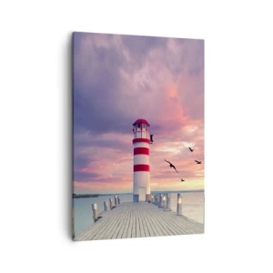 Cuadro sobre lienzo - Impresión de Imagen - Un faro en el muelle rodeado de una pintoresca puesta de sol. - 50x70cm - Hora de ir al puerto - Decoración de pared moderna para salón y dormitorio ARTTOR