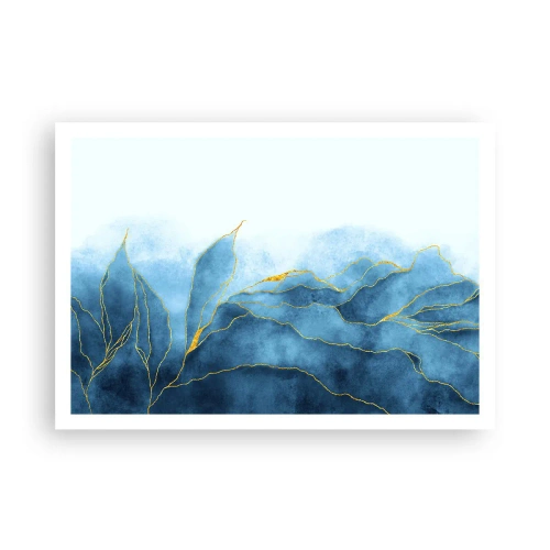 Póster - Ondas abstractas en tonos azules con acentos dorados. - 100x70cm - Oro y azul - Decoración de pared moderna para salón y dormitorio ARTTOR