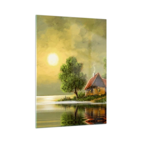 Cuadro sobre vidrio - Impresiones sobre Vidrio - Un paisaje pintoresco con una cabaña junto al lago al atardecer. - 50x70cm - Es hermoso, como salido de un cuadro - Decoración de pared moderna para salón y dormitorio ARTTOR