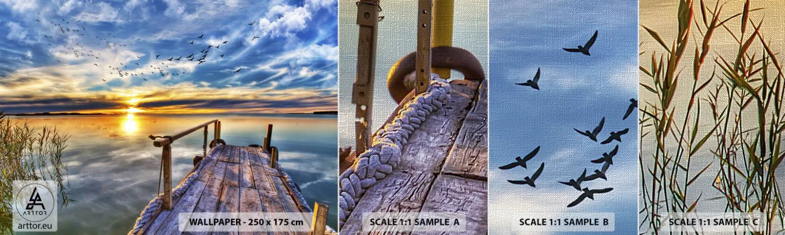 Muestra de fotomural Premium Canvas - El viento se va a descansar - Paisaje, Lago, Puente de madera - 100x30 cm