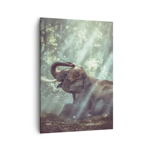 Cuadro sobre lienzo - Impresión de Imagen - Un niño y un elefante en un entorno forestal iluminado por la luz del sol. - 50x70cm - Y escucha esto... - Decoración de pared moderna para salón y dormitorio ARTTOR