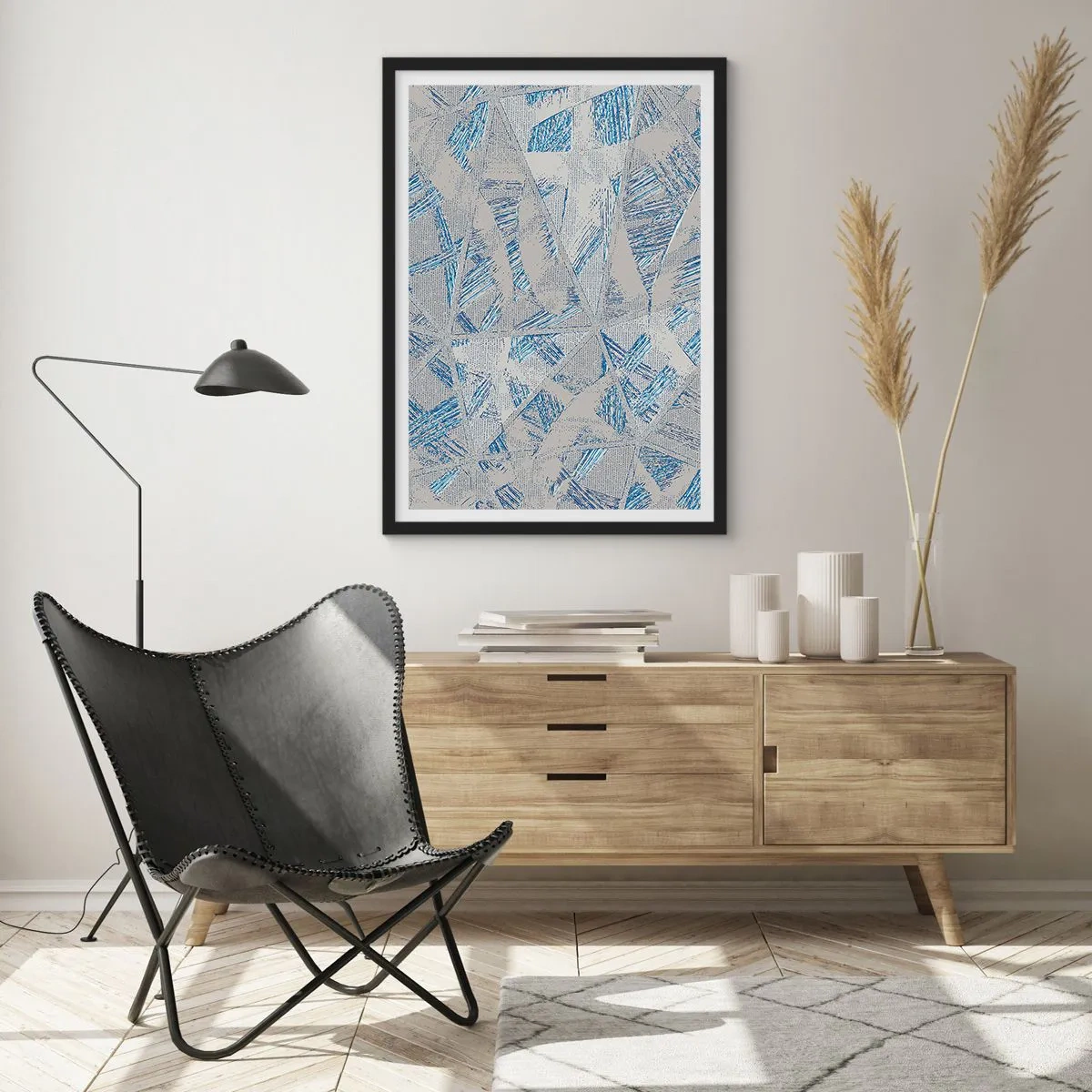 Póster en marco negro - Abstracción geométrica en tonos azules y grises. - 50x70cm - En un laberinto gris azulado - Decoración de pared moderna para salón y dormitorio ARTTOR