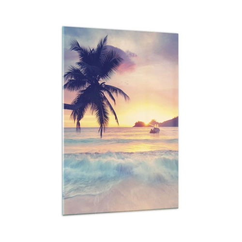 Cuadro sobre vidrio - Impresiones sobre Vidrio - Playa con palmera y puesta de sol sobre el océano. - 70x100cm - Atardecer en la bahía - Decoración de pared moderna para salón y dormitorio ARTTOR