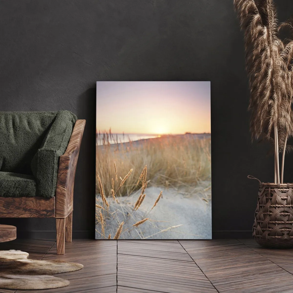 Cuadro sobre lienzo - Impresión de Imagen - Playa al atardecer con hierbas altas - 50x70cm - Dulce nana del Báltico - Decoración de pared moderna para salón y dormitorio ARTTOR