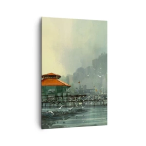 Cuadro sobre lienzo - Impresión de Imagen - Edificios portuarios en un paisaje lluvioso con gaviotas - 80x120cm - Un día soleado en el puerto - Decoración de pared moderna para salón y dormitorio ARTTOR