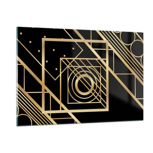 Cuadro sobre vidrio - Impresiones sobre Vidrio - Patrones geométricos dorados sobre un fondo negro - 120x80cm - Geometría dorada - Decoración de pared moderna para salón y dormitorio ARTTOR