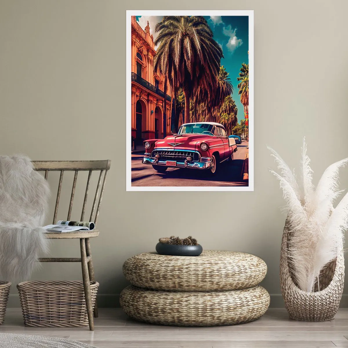 Póster - Un coche clásico con el telón de fondo de una ciudad tropical. - 50x70cm - Seguimos en La Habana - Decoración de pared moderna para salón y dormitorio ARTTOR