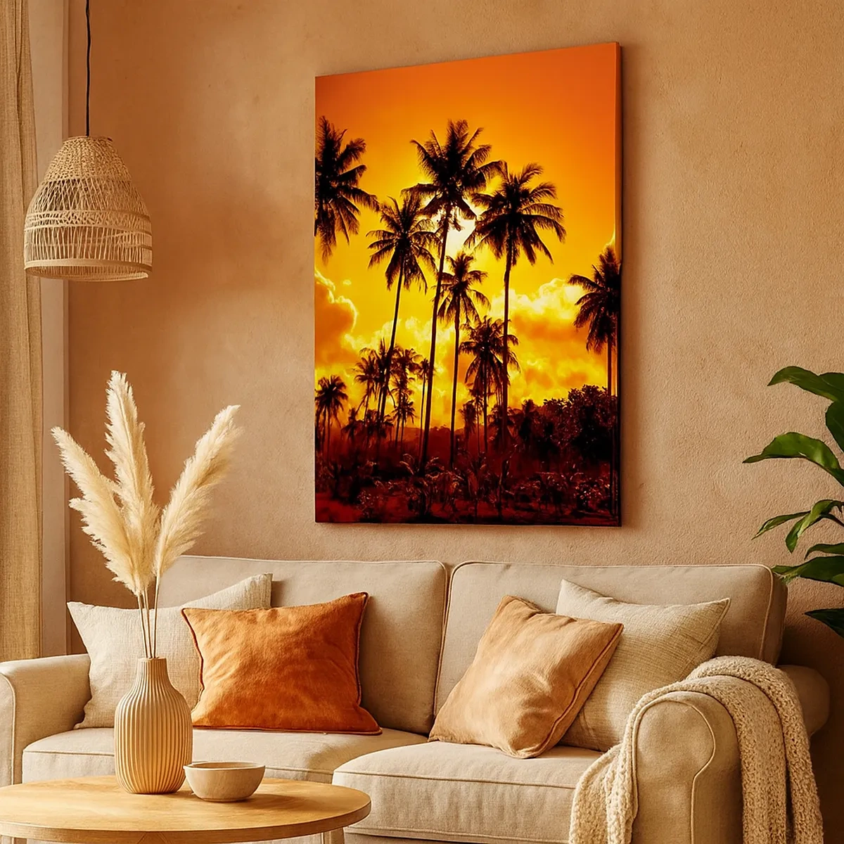 Cuadro sobre lienzo - Impresión de Imagen - Palmeras contra un cielo dorado durante una puesta de sol tropical - 50x70cm - Las montañas arden, los bosques arden - Decoración de pared moderna para salón y dormitorio ARTTOR
