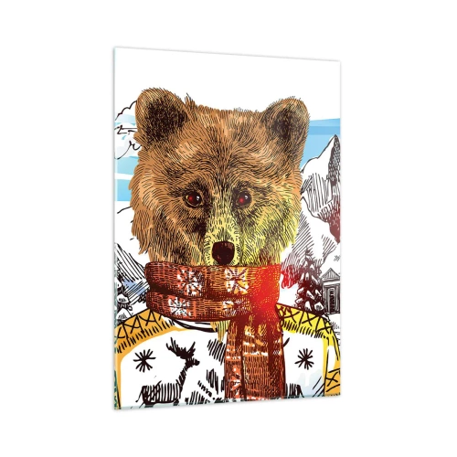 Cuadro sobre vidrio - Impresiones sobre Vidrio - Un oso con un suéter y una bufanda con montañas y una casa al fondo. - 50x70cm - Así paso yo el invierno - Decoración de pared moderna para salón y dormitorio ARTTOR