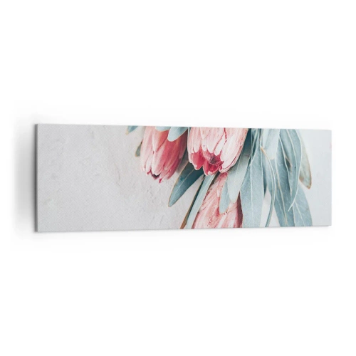 Cuadro sobre lienzo - Impresión de Imagen - Sutiles flores de protea rosa sobre un fondo claro. - 160x50cm - Avergonzada de su propia belleza - Decoración de pared moderna para salón y dormitorio ARTTOR