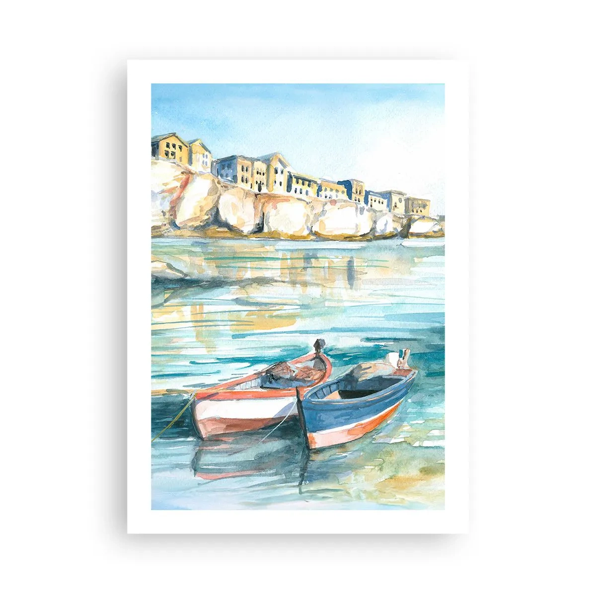 Póster - Paisaje de acuarela con barcos en el agua y un pueblo costero. - 50x70cm - Paisaje en azul - Decoración de pared moderna para salón y dormitorio ARTTOR