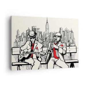Cuadro sobre lienzo - Impresión de Imagen - Un dúo de jazz con saxofón y guitarra con la ciudad como telón de fondo. - 70x50cm - Improvisación en Nueva York - Decoración de pared moderna para salón y dormitorio ARTTOR