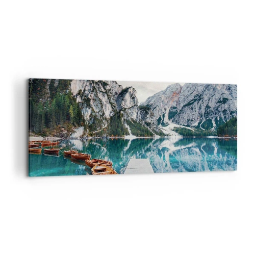Cuadro sobre lienzo - Impresión de Imagen - Un lago con barcos rodeado de montañas. - 120x50cm - Te mostraremos la fuente de la belleza - Decoración de pared moderna para salón y dormitorio ARTTOR
