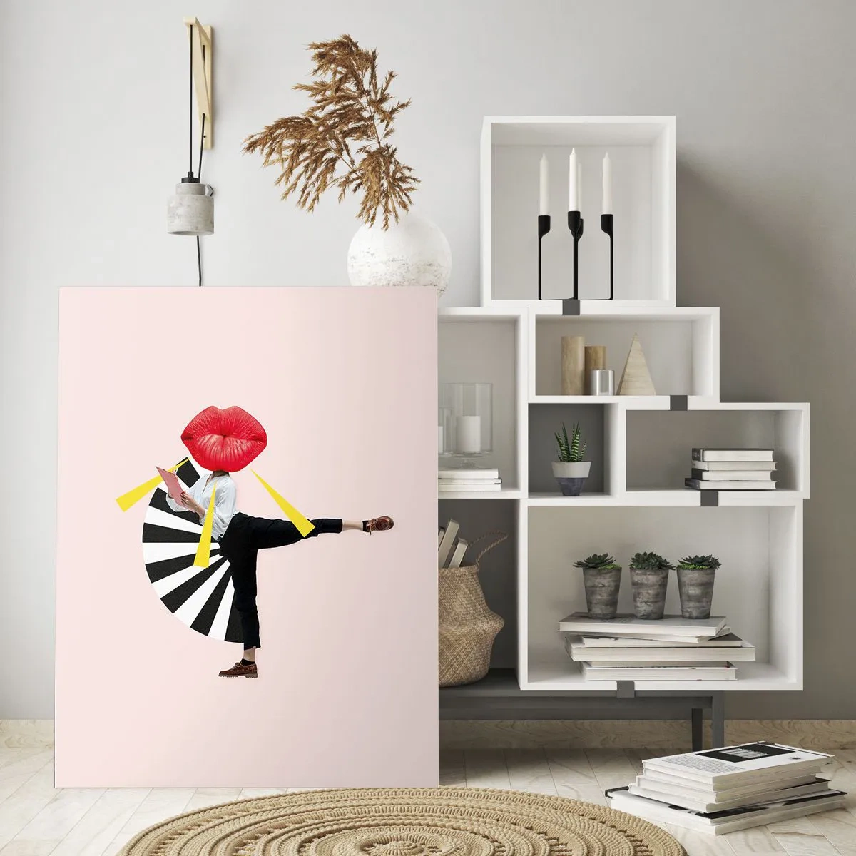 Cuadro sobre vidrio - Impresiones sobre Vidrio - Figura surrealista con boca y elementos geométricos. - 80x120cm - Arte pop surrealista - Decoración de pared moderna para salón y dormitorio ARTTOR