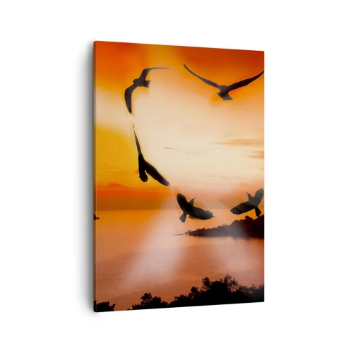 Cuadro sobre lienzo - Impresión de Imagen - Pájaros formando un corazón con el sol poniente como telón de fondo. - 50x70cm - Ama el mundo como los pájaros - Decoración de pared moderna para salón y dormitorio ARTTOR