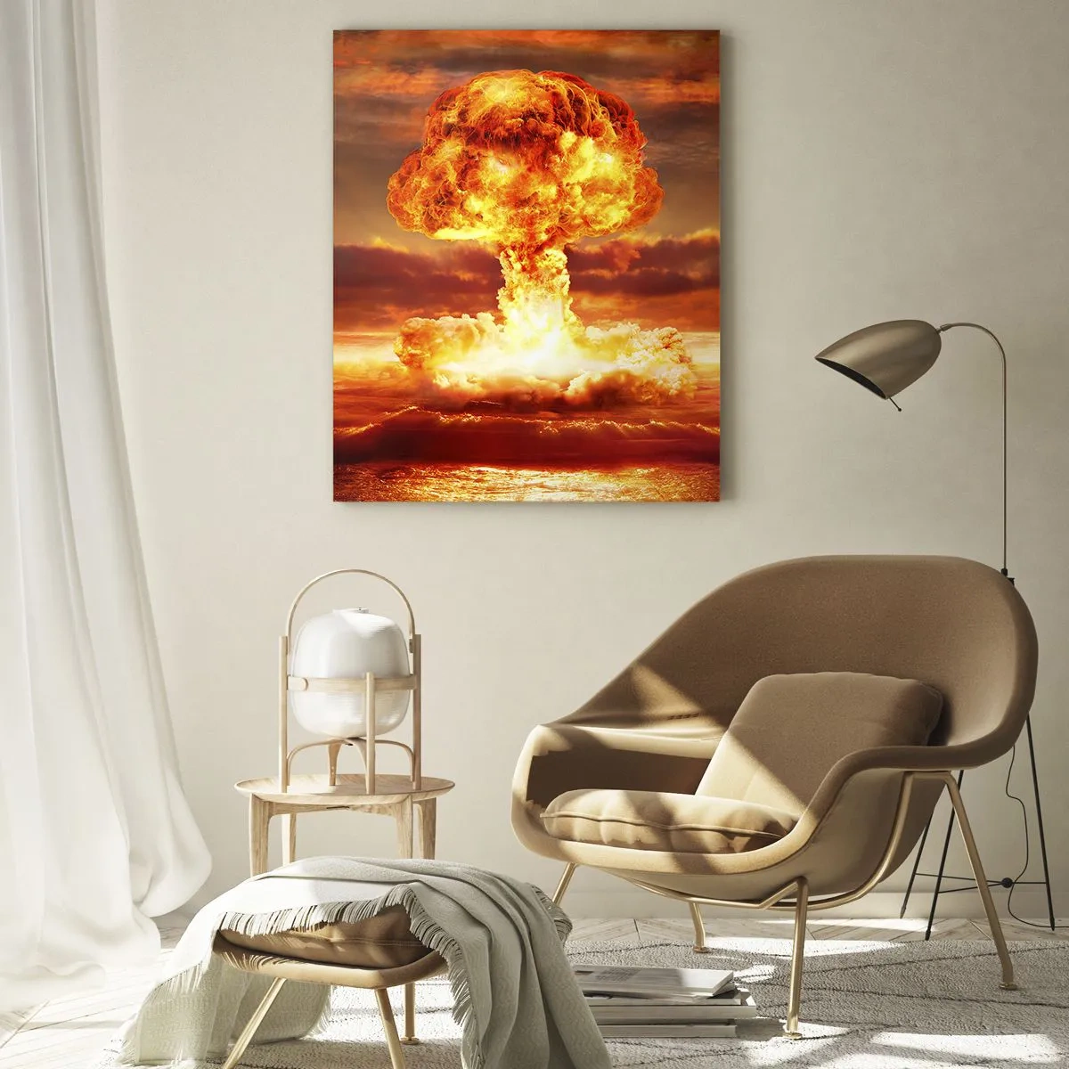 Cuadro sobre vidrio - Impresiones sobre Vidrio - Explosión de una nube de hongo con el atardecer como telón de fondo - 70x100cm - Y habrá un final - Decoración de pared moderna para salón y dormitorio ARTTOR