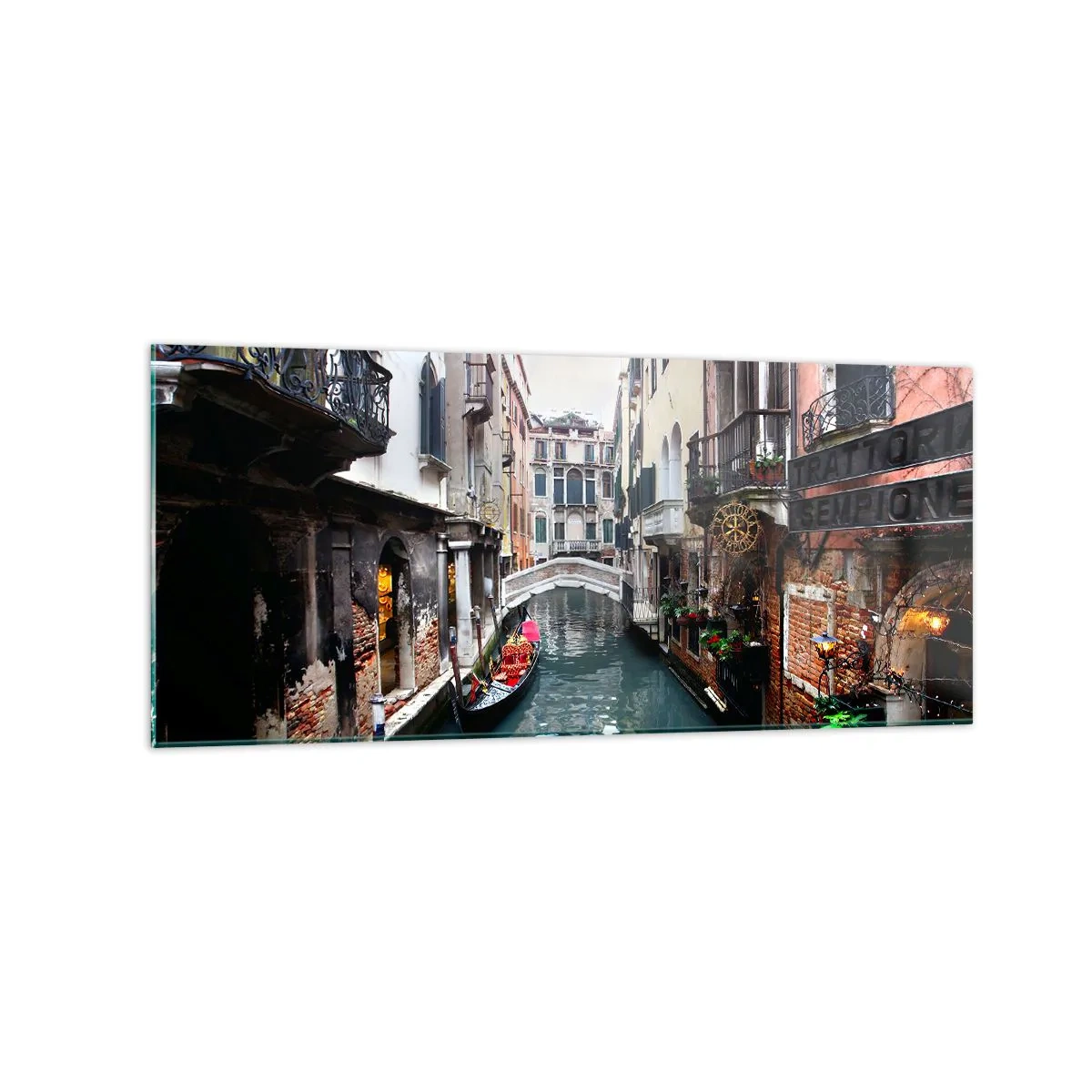 Cuadro sobre vidrio - Impresiones sobre Vidrio - Un canal en Venecia con una góndola y edificios históricos. - 120x50cm - Paisaje veneciano con góndola y puente - Decoración de pared moderna para salón y dormitorio ARTTOR