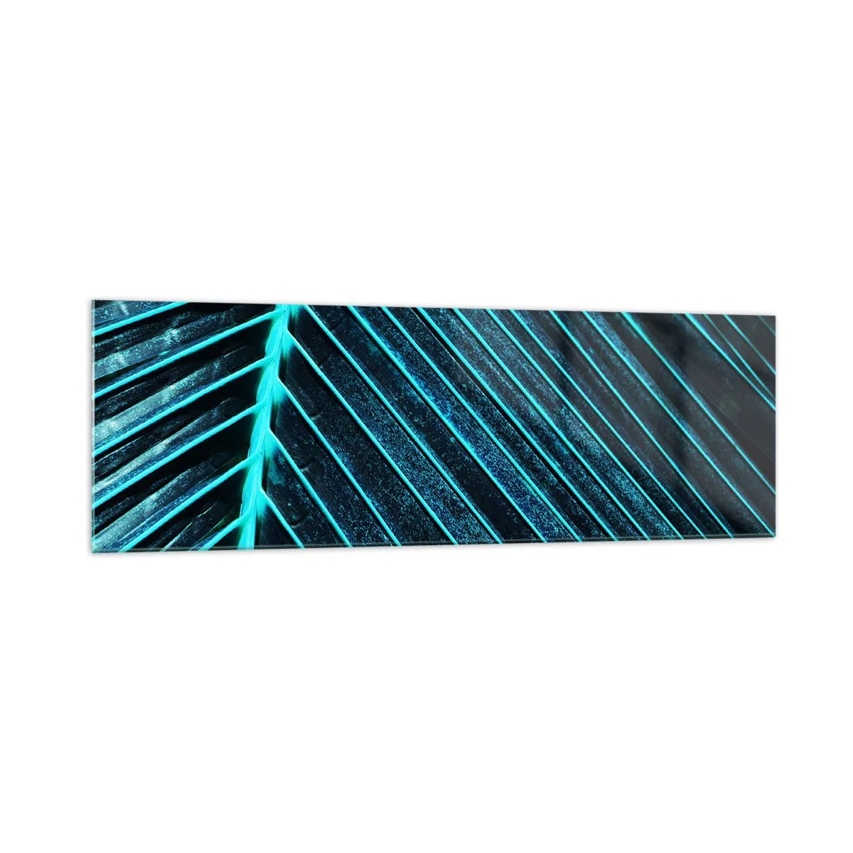 Cuadro sobre vidrio - Impresiones sobre Vidrio - Fotografía macro de una hoja en tonos turquesa y azul marino. - 160x50cm - La textura del verde - Decoración de pared moderna para salón y dormitorio ARTTOR