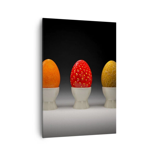 Cuadro sobre lienzo - Impresión de Imagen - Huevos coloridos que se asemejan a frutas sobre un fondo oscuro. - 70x100cm - Desayuno de frutas - Decoración de pared moderna para salón y dormitorio ARTTOR