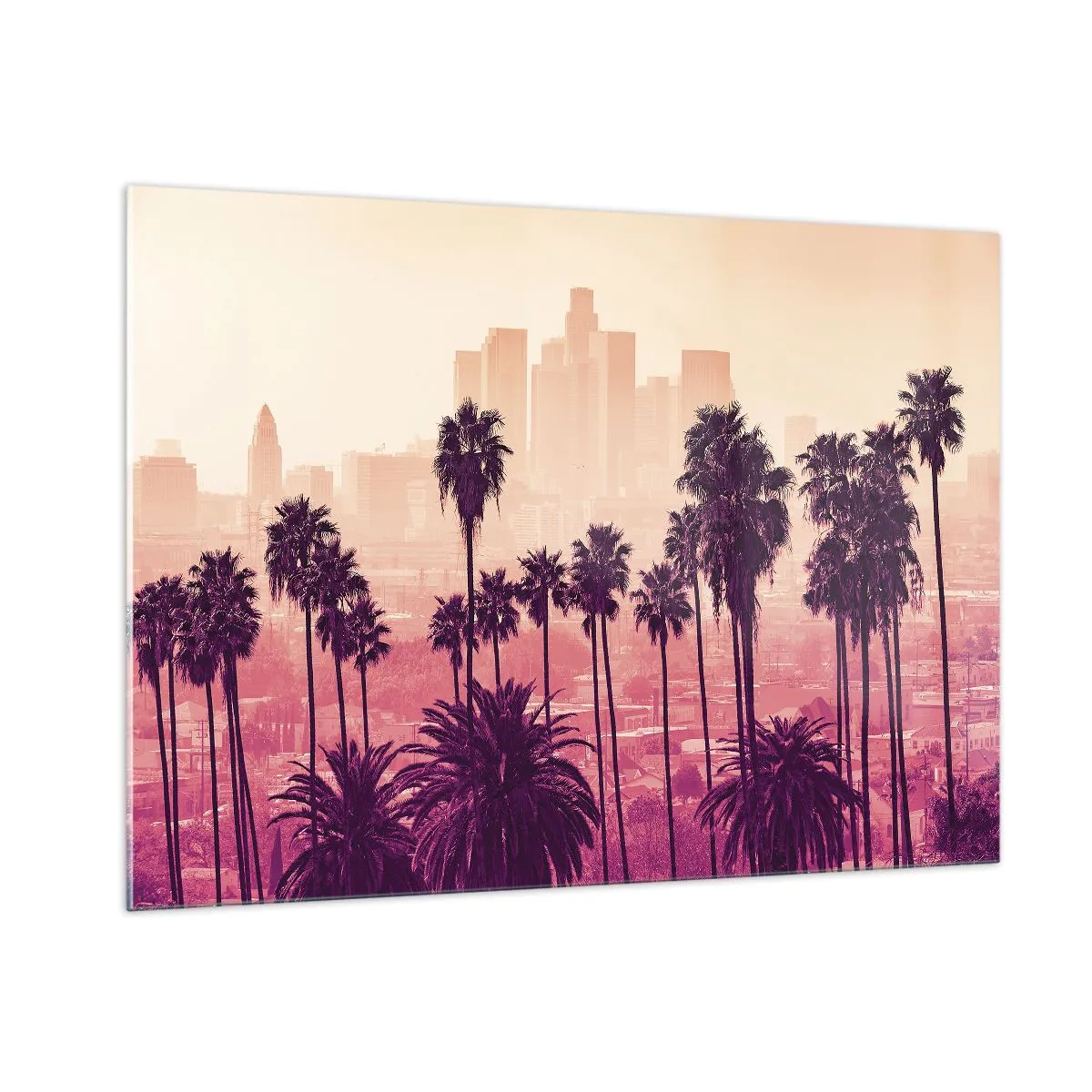 Cuadro sobre vidrio - Impresiones sobre Vidrio - Palmeras con el horizonte de la ciudad como telón de fondo en cálidos tonos del atardecer. - 100x70cm - El paisaje de California - Decoración de pared moderna para salón y dormitorio ARTTOR