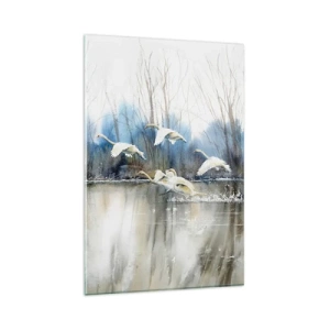 Cuadro sobre vidrio - Impresiones sobre Vidrio - Cisnes en vuelo sobre un lago congelado en un paisaje invernal - 80x120cm - Como en un cuento de cisnes salvajes - Decoración de pared moderna para salón y dormitorio ARTTOR