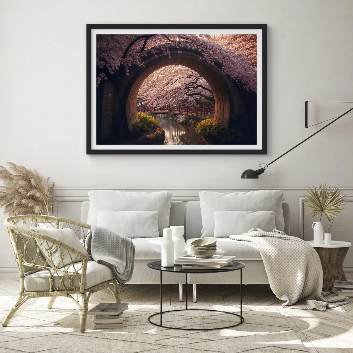 Póster en marco negro - Un puente tradicional japonés rodeado de flores de cerezo. - 100x70cm - Primavera japonesa - Decoración de pared moderna para salón y dormitorio ARTTOR