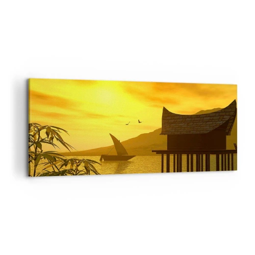 Cuadro sobre lienzo - Impresión de Imagen - Puesta de sol tropical sobre el agua con casa de madera sobre pilotes. - 120x50cm - La ansiada paz - Decoración de pared moderna para salón y dormitorio ARTTOR