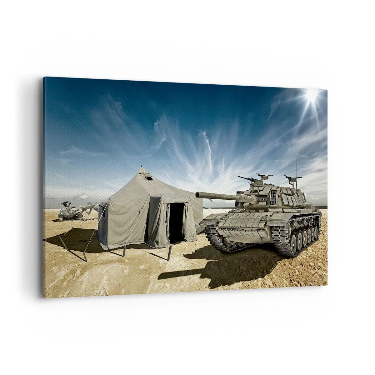 Cuadro sobre lienzo - Impresión de Imagen - Un tanque junto a una tienda militar en una zona desértica. - 120x80cm - Campaña militar - Decoración de pared moderna para salón y dormitorio ARTTOR