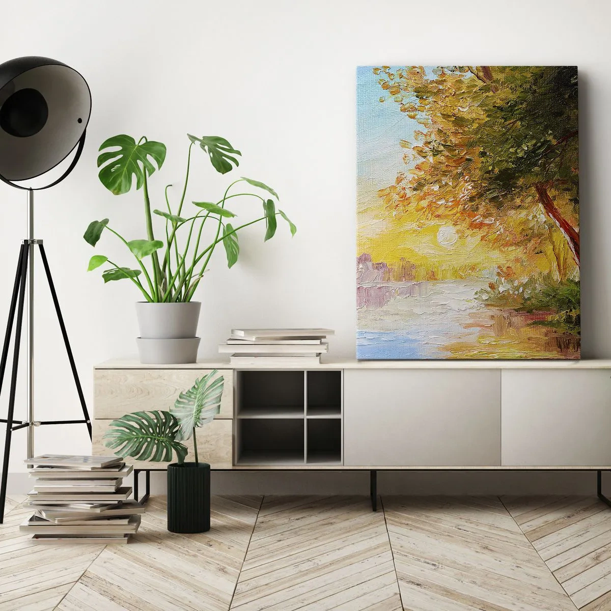 Cuadro sobre lienzo - Impresión de Imagen - Un paisaje pintoresco con un río y árboles al atardecer. - 80x120cm - Ensueño - Decoración de pared moderna para salón y dormitorio ARTTOR