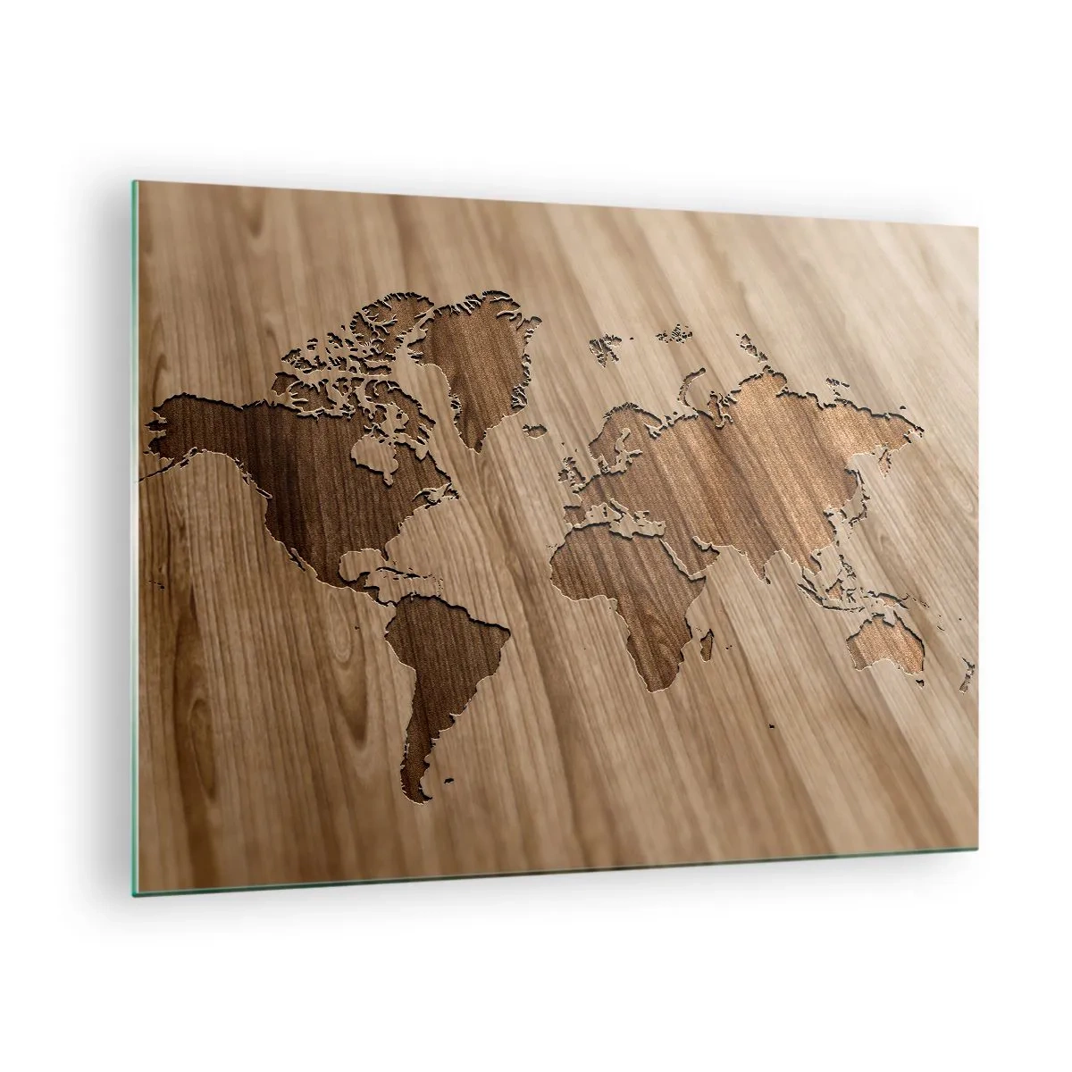 Cuadro sobre vidrio - Impresiones sobre Vidrio - Un mapa del mundo cortado en una superficie de madera. - 70x50cm - El mundo servido en la mesa - Decoración de pared moderna para salón y dormitorio ARTTOR