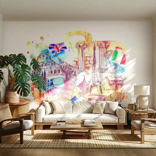 Fotomural Premium Sand - Símbolos europeos en una composición de acuarela - 100x70cm - Gira europea - Decoración de pared moderna para salón y dormitorio ARTTOR