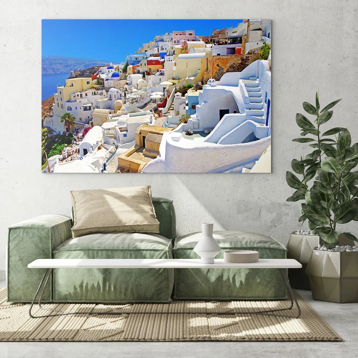 Cuadro sobre vidrio - Impresiones sobre Vidrio - Santorini con casas blancas contra un cielo azul - 120x80cm - Sueño de un verano griego - Decoración de pared moderna para salón y dormitorio ARTTOR