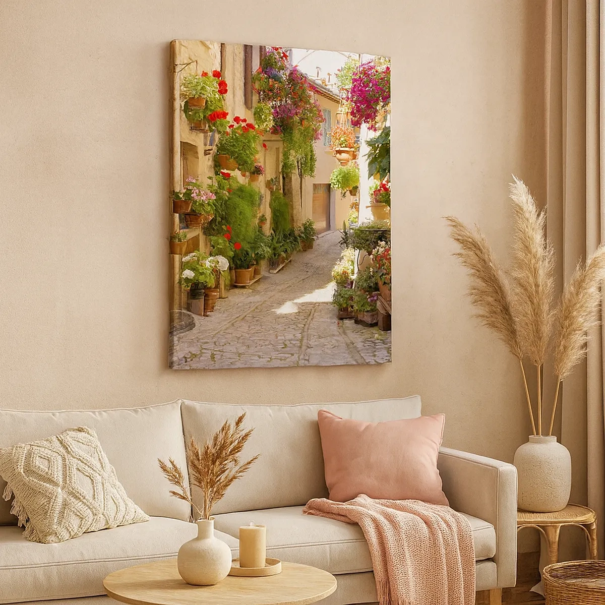 Cuadro sobre lienzo - Impresión de Imagen - Una calle con flores en macetas y muros de piedra. - 50x70cm - En un torrente de flores - Decoración de pared moderna para salón y dormitorio ARTTOR