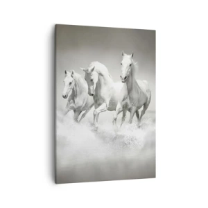 Cuadro sobre lienzo - Impresión de Imagen - Tres caballos blancos galopando por el agua - 50x70cm - Locura blanca - Decoración de pared moderna para salón y dormitorio ARTTOR