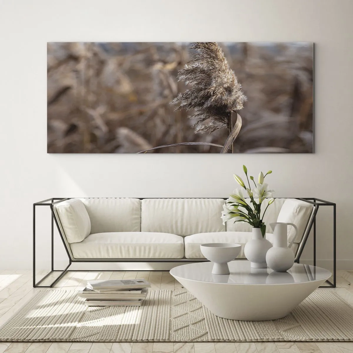Cuadro sobre vidrio - Impresiones sobre Vidrio - Delicadas hierbas en tonos beige sobre el fondo de la naturaleza. - 140x50cm - Es hora de volar con el viento - Decoración de pared moderna para salón y dormitorio ARTTOR